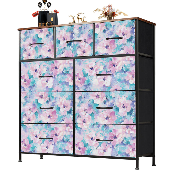 Sybels Dresser with 9 Drawers, Retro Floral Pattern Fabric Bins with Wooden Top for Bedroom, Closet, Nursery Entryway Hall, White