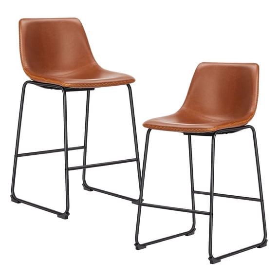 Set of 2 Counter Height Bar Stools, 26 inch Height Modern PU Leather Bar Chairs with Backrest and Metal Legs for Kitchen Island