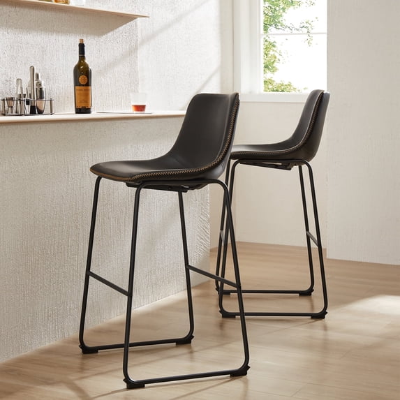 Set of 2 Counter Height Bar Stools, 26 inch Height Modern PU Leather Bar Chairs with Backrest and Metal Legs for Kitchen Island