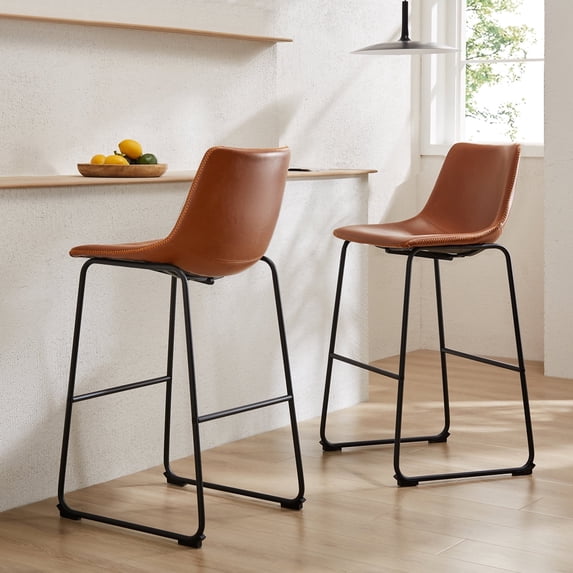 Set of 2 Counter Height Bar Stools, 26 inch Height Modern PU Leather Bar Chairs with Backrest and Metal Legs for Kitchen Island