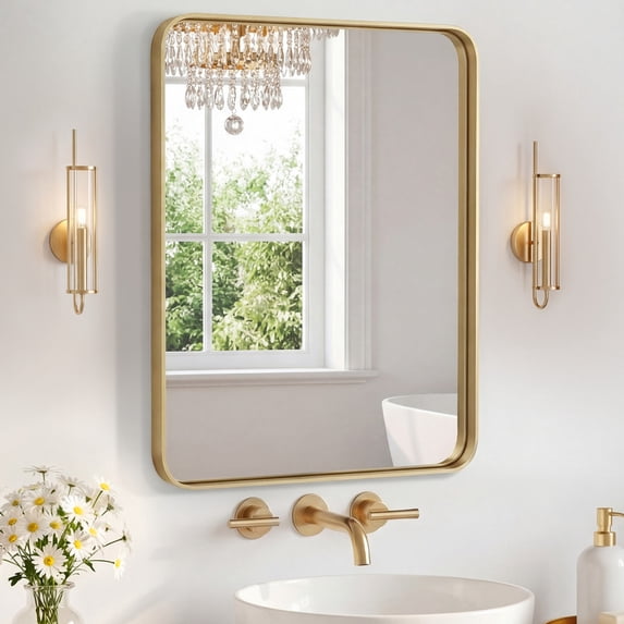 Simenmax 16''x20'' Bathroom Mirrors for Over Sink, Rounded Rectangular Vanity Mirror, Wall Mounted Mirrors, Framed Vanity Mirror, Horizontal or Vertical, Gold