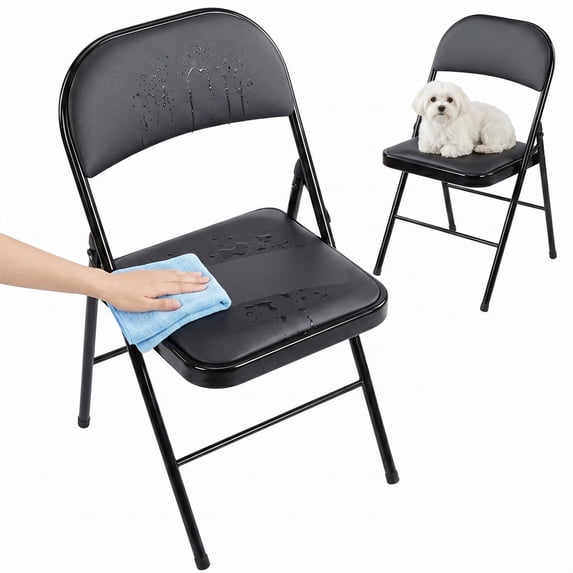 Simenmax 2PCS Folding Chair Padded, Leather Portable Stackable Chair with Steel Frame - Indoor Outdoor Use for Home, Office, Party, Wedding, Church, Black