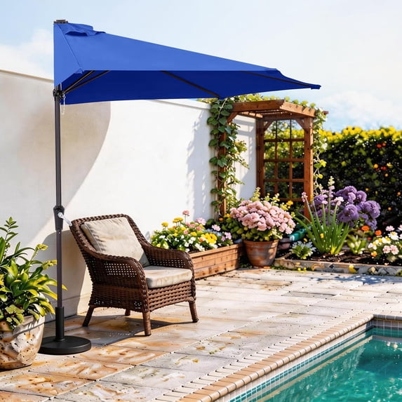 Simenmax 9 FT Half Umbrella Outdoor Patio, Scalloped Half Umbrella with Crank, Space-Saving Design for Poolside, Terrace,Blue