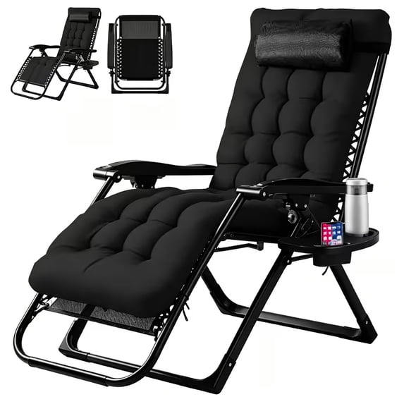 Simenmax Zero Gravity Chair, Heavy-Duty Reclining Lounge Chair with Padded Cushion & Cup Holder, Foldable Patio Recliner for Camping, Beach, and Indoor Relaxation,Black