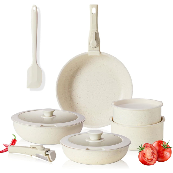 Beddle Pots and Pans Set Non Stick, 12-Piece Cookware Set with Detachable Handle, Oven Safe, Induction Ready, Stackable RV Kitchen Cooking Set