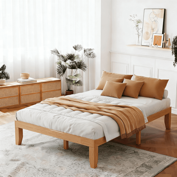 Parcus Solid Wood Bed Frame, 12-inch Noise Free Design Bed Frame Base, Natural Pine Bed Frame with No Box Spring Needed, Sturdy Wood Slat Support Bedroom Furniture, Easy Assembly
