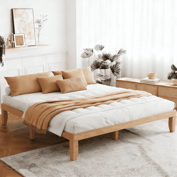 Parcus Solid Wood Bed Frame, 12-inch Noise Free Design Bed Frame Base, Natural Pine Bed Frame with No Box Spring Needed, Sturdy Wood Slat Support Bedroom Furniture, Easy Assembly