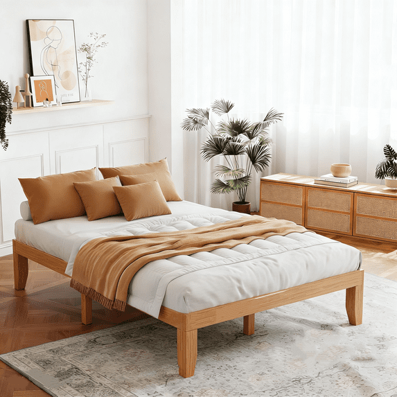 Parcus Solid Wood Bed Frame, 12-inch Noise Free Design Bed Frame Base, Natural Pine Bed Frame with No Box Spring Needed, Sturdy Wood Slat Support Bedroom Furniture, Easy Assembly