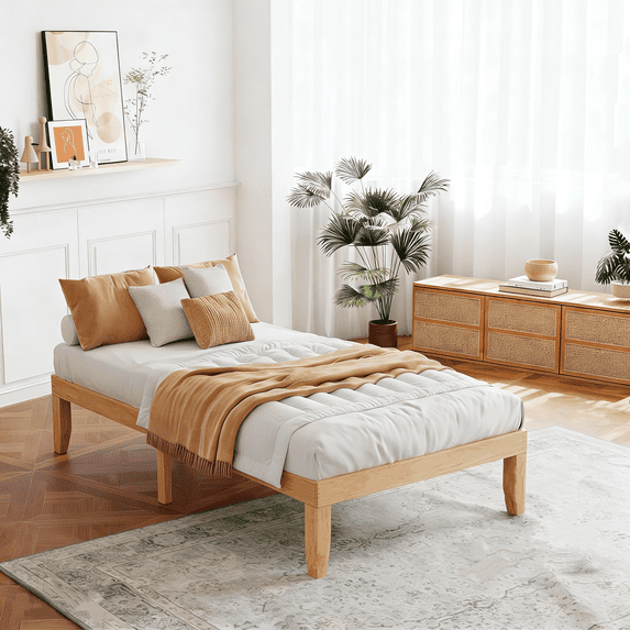 Parcus Solid Wood Bed Frame, 12-inch Noise Free Design Bed Frame Base, Natural Pine Bed Frame with No Box Spring Needed, Sturdy Wood Slat Support Bedroom Furniture, Easy Assembly