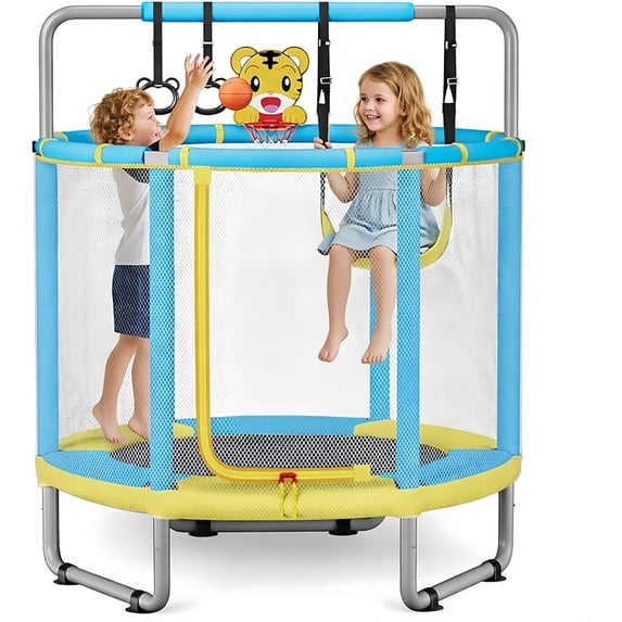 TINKLE WELL Kids Trampoline with Enclosure Net, 55" 4-in-1 Toddler Trampoline with Adjustable Gymnastics Bar & Toys, Indoor Outdoor Mini Trampoline for Boys & Girls