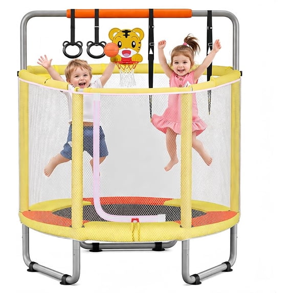 TINKLE WELL Kids Trampoline with Enclosure Net, 55" 4-in-1 Toddler Trampoline with Adjustable Gymnastics Bar & Toys, Indoor Outdoor Mini Trampoline for Boys & Girls