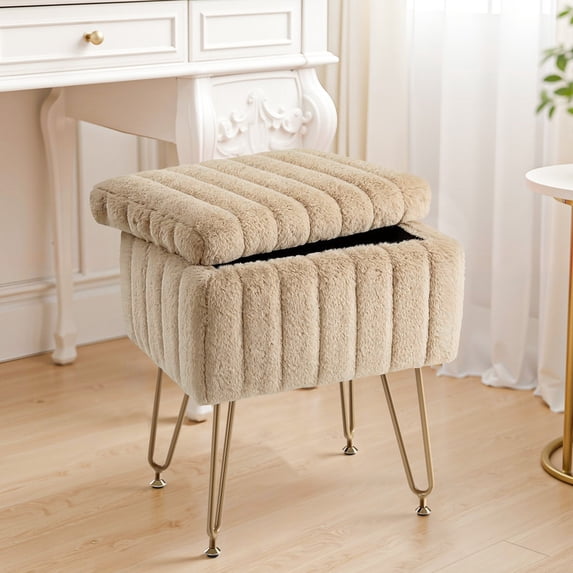 TINKLE WELL Storage Vanity Stool Chair, Soft Faux Fur Makeup Ottoman, Adjustable Anti-Slip Feet, Modern Footrest for Bedroom, Makeup, Entryway