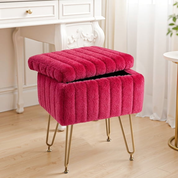 TINKLE WELL Storage Vanity Stool Chair, Soft Faux Fur Makeup Ottoman, Adjustable Anti-Slip Feet, Modern Footrest for Bedroom, Makeup, Entryway