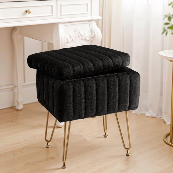 TINKLE WELL Storage Vanity Stool Chair, Soft Faux Fur Makeup Ottoman, Adjustable Anti-Slip Feet, Modern Footrest for Bedroom, Makeup, Entryway