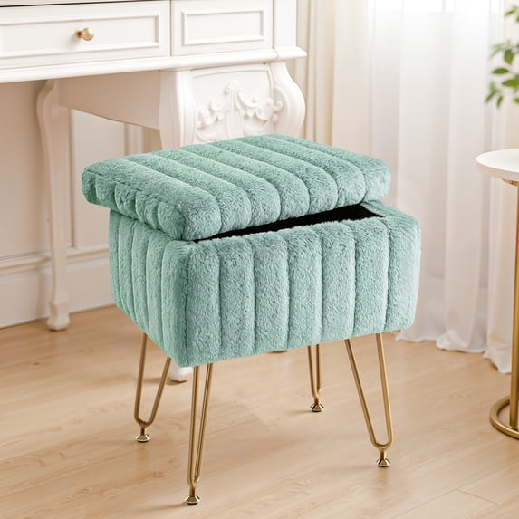 TINKLE WELL Storage Vanity Stool Chair, Soft Faux Fur Makeup Ottoman, Adjustable Anti-Slip Feet, Modern Footrest for Bedroom, Makeup, Entryway