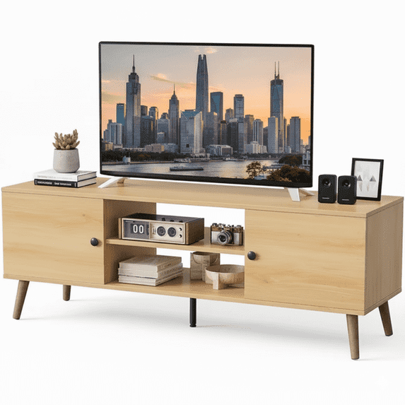 TINKLE WELL TV Stand for 55-60 Inch TVs, 3-Level Adjustable Shelf with 2 Storage Cabinets, Soft-Hinge Handle Doors, and Wooden Media Console for Living Room or Office