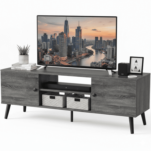TINKLE WELL TV Stand for 55-60 Inch TVs, 3-Level Adjustable Shelf with 2 Storage Cabinets, Soft-Hinge Handle Doors, and Wooden Media Console for Living Room or Office