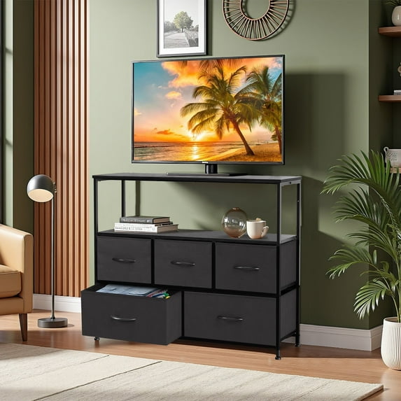 TINKLE WELL TV Stand with 5 Fabric Drawers Storage Organizers, Media Console with Wood Open Shelf for 45" Television, Ideal for Living Room, Bedroom, or Apt