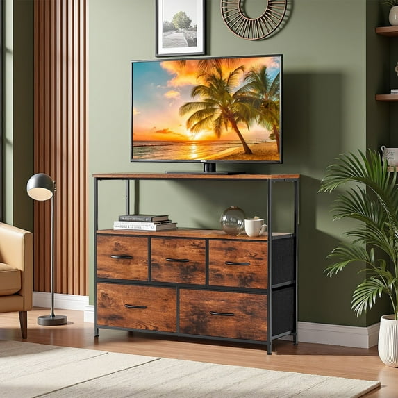 TINKLE WELL TV Stand with 5 Fabric Drawers Storage Organizers, Media Console with Wood Open Shelf for 45" Television, Ideal for Living Room, Bedroom, or Apt