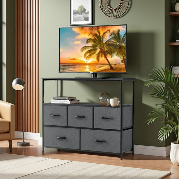 TINKLE WELL TV Stand with 5 Fabric Drawers Storage Organizers, Media Console with Wood Open Shelf for 45" Television, Ideal for Living Room, Bedroom, or Apt