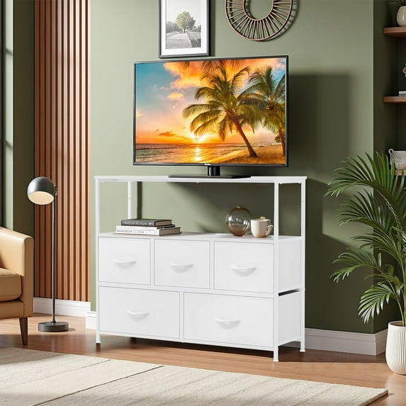 TINKLE WELL TV Stand with 5 Fabric Drawers Storage Organizers, Media Console with Wood Open Shelf for 45" Television, Ideal for Living Room, Bedroom, or Apt