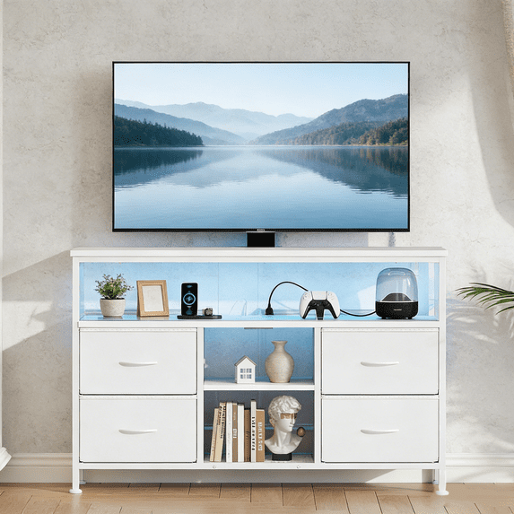 Parcus TV Stand Dresser for Bedroom, All-in-One Entertainment Center with LED Lights and Power Outlets, Features 4 Drawers and Open Shelf Storage, Fits 50 Inch TV with Adjustable Feet