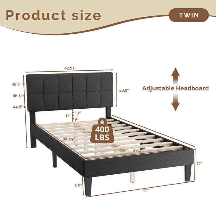 TINKLE WELL Twin/Queen Size Platform Bed Frame with Adjustable Headboard, 6" Under-Bed Storage, Solid Wood Frame, No Box Spring Required, 800LB Support, Quiet & Sturdy