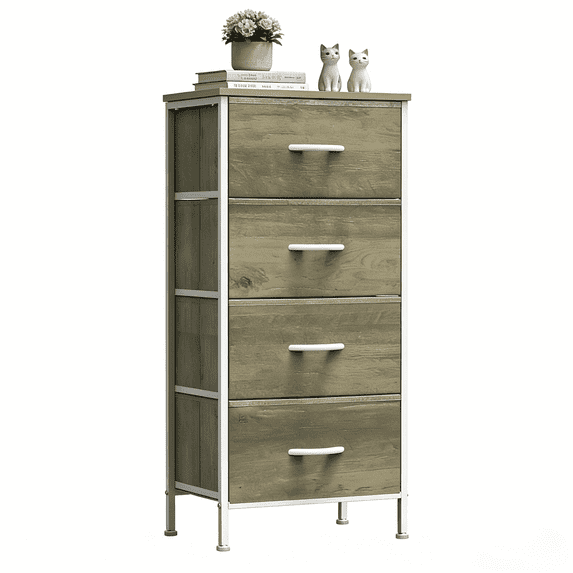Aidoly Dresser, 4 Storage Drawers, Anti-Tip Fabric Closet Chests Organizer Tower Furniture with Wooden Top, Metal Frame