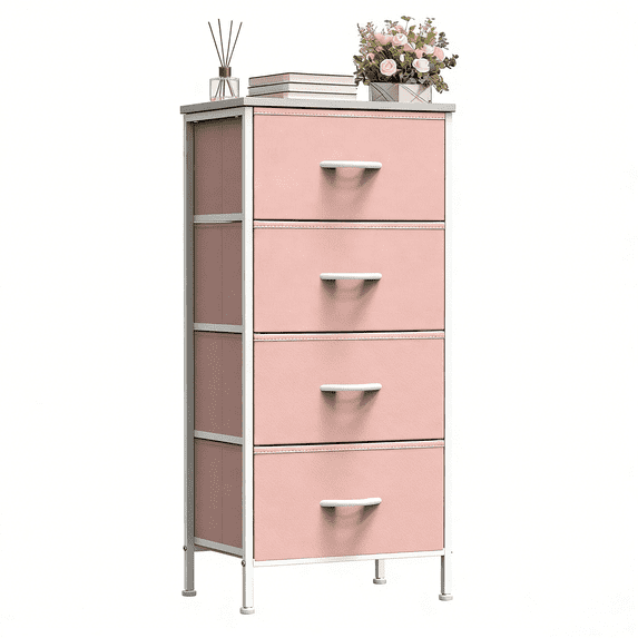 Aidoly Dresser, 4 Storage Drawers, Anti-Tip Fabric Closet Chests Organizer Tower Furniture with Wooden Top, Metal Frame