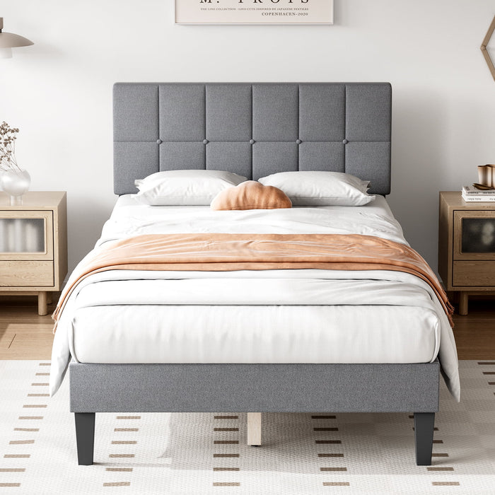 Bed Frame with Adjustable Upholstered Headboard,Wooden Platform Bed Frame