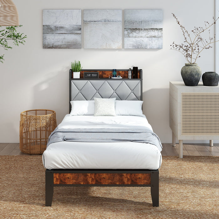 Bed Frame with Storage Headboard and USB Charging Station, Durable Metal Frame, No Box Spring Needed, Easy Assembly, Black