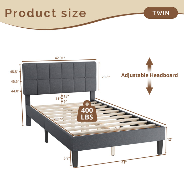 TINKLE WELL Twin/Queen Size Platform Bed Frame with Adjustable Headboard, 6" Under-Bed Storage, Solid Wood Frame, No Box Spring Required, 800LB Support, Quiet & Sturdy