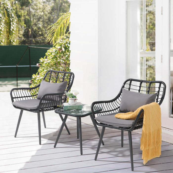 TINKLE WELL 3-Piece Patio Bistro Set, Outdoor Wicker Chairs with Cushions & Lumbar Pillows, Coffee Table, Balcony, Backyard, Deck, Poolside