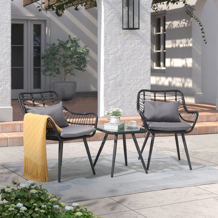 Beddle 3-Piece Outdoor PE Rattan Bistro Furniture Set Patio Conversation Set with Tempered Glass Top Table and 2 Chairs with Cushions