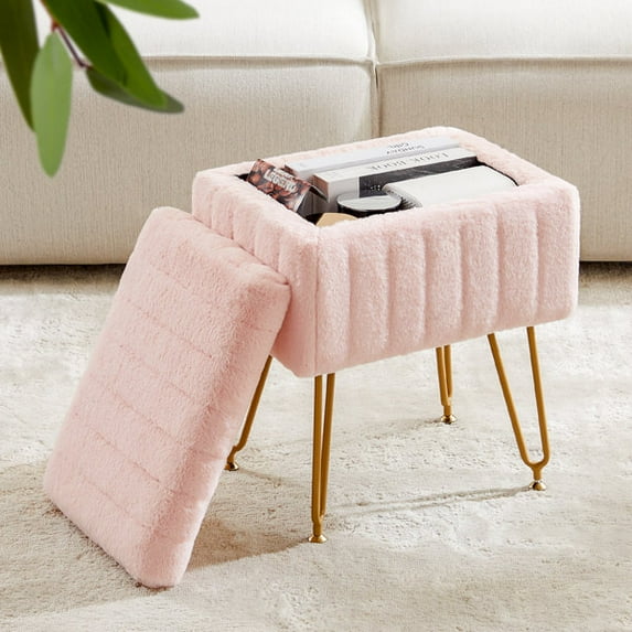 Blorly Vanity Stool Chair with Storage, Faux Fur Ottoman for Makeup Footstools with Metal Legs, Classic Pink