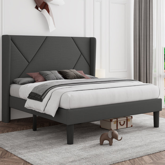 KING Size Platform Bed Frame with Wingback, Geometric Upholstered Bed Frame with Fabric Headboard, Solid Wooden Slats, No Box Spring Needed, Noise-Free, Dark Gray