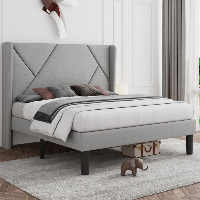 KING Size Platform Bed Frame with Wingback, Geometric Upholstered Bed Frame with Fabric Headboard, Solid Wooden Slats, No Box Spring Needed, Noise-Free, Light Gray