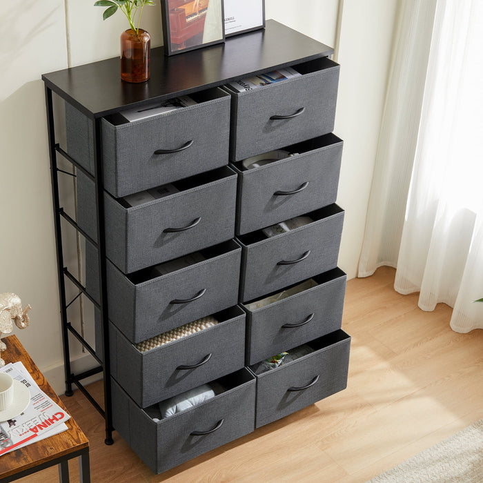 Ethovia 10-Drawer Fabric Storage Dresser, Sturdy Steel Frame with Wooden Tabletop, Wide Foldable Bins, Perfect for Bedroom, Hallway, and Entryway, Gray