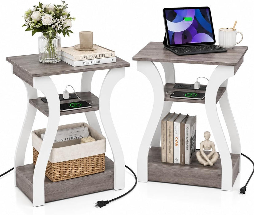 Simenmax Set of 2 Nightstand with Charging Station, 3-Tier White Narrow End Table for Bedroom, Small Space Side Table with Storage Shelf