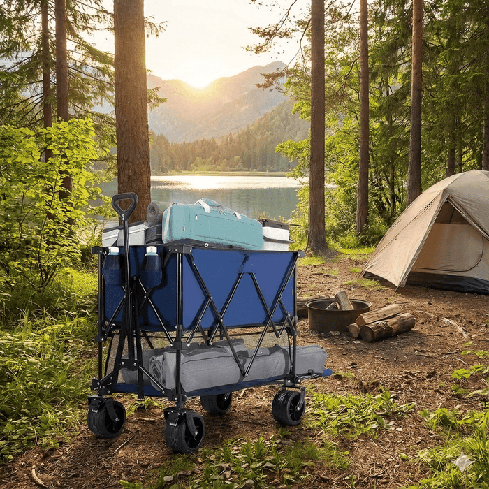 Blorly Double Decker Folding Wagon, 2-Tier Heavy Duty Utility Cart with 440lbs Capacity, 320L Extra Large Collapsible Wagon with All Terrain Wheels for Camping, Beach, Grocery, Blue