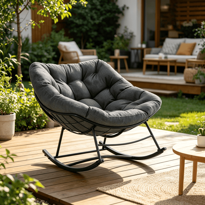 Blorly Oversized Rocking Papasan Chair with Thick Cushion, Rust-Resistant Metal Patio Rocker for Indoor & Outdoor, Heavy Duty 450lbs Capacity Lounge Chair, Gray