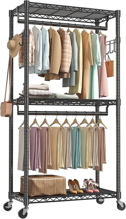 Simenmax 35'' Clothes Rack with Wheels, 360° Lockable Rolling Garment Rack, Double Rods & Side Hooks Freestanding Closet Organizer,Black