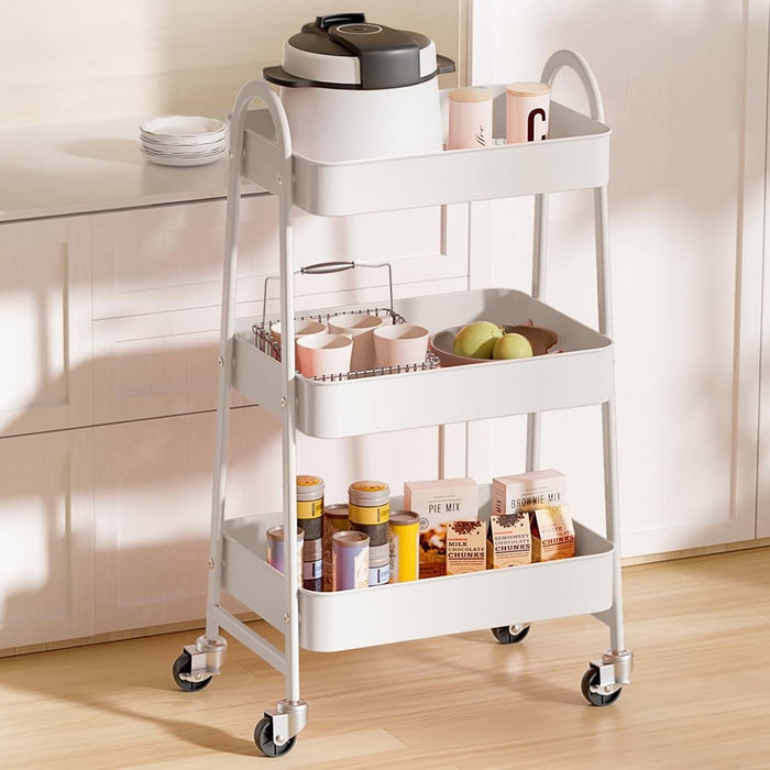 Simenmax Rolling Utility Cart, 3-Tier Metal Storage Trolley with Handle and Lockable Wheels, Multifunctional Organizer for Office, Kitchen, Living Room, Bathroom,White