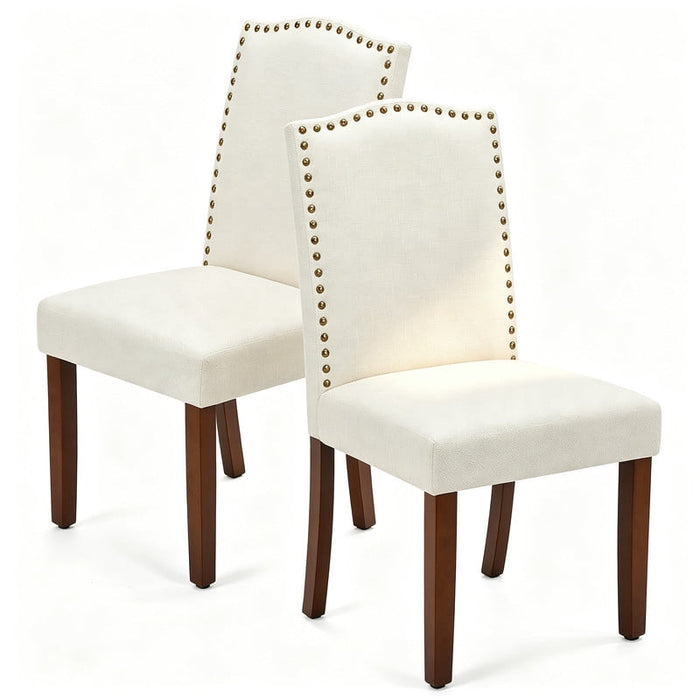 Upholstered Dining Chairs Set of 2, Armless Chairs with Nailhead Trim and Rubberwood Legs, Beige