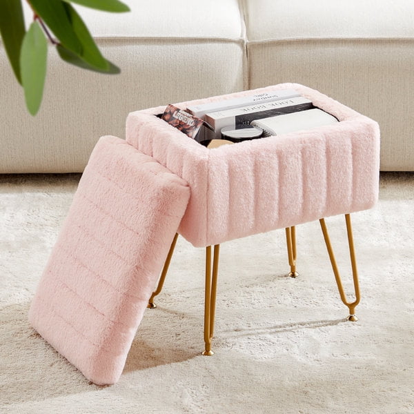 Blorly Vanity Stool Chair with Storage, Faux Fur Ottoman for Makeup Footstools with Metal Legs, Classic Pink