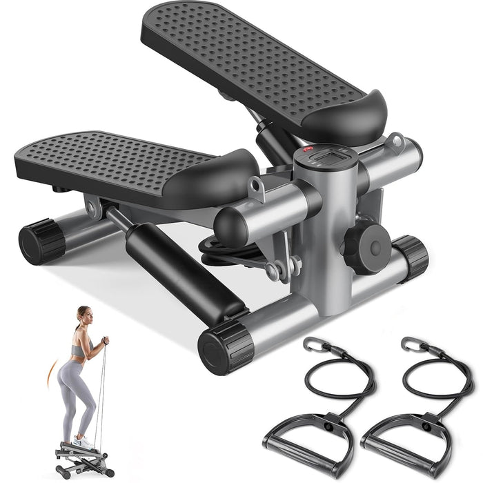 Betcozy Mini Fitness  Stepper for Home, Stair Steppers with Resistance Bands for Full Body Exercise, Low Noise and No Assembly Required, 300LBS Capacity, Silver