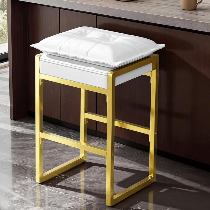 Blorly Bar Stools with Double Cushion, Modern PU Leather Counter Height Chairs, Metal Base & Footrest for Kitchen Island, Dining Room, Bar, Supports 396 lbs, White