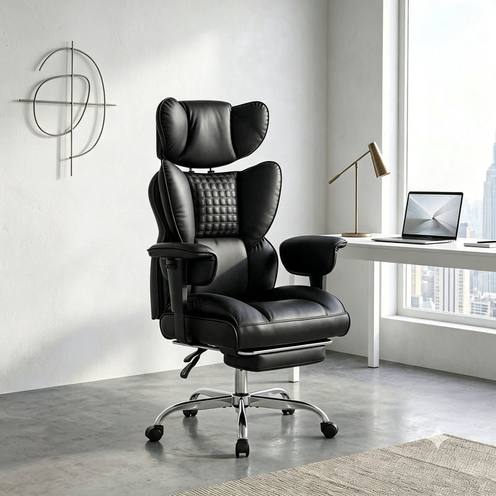 High‑Back Executive Office Chair，Retractable Footrest & Adjustable Armrest，Big & Tall Gaming Chair with Thicken Seat，350lbs Weight Capacity，PU Leather，135° Recline, Black
