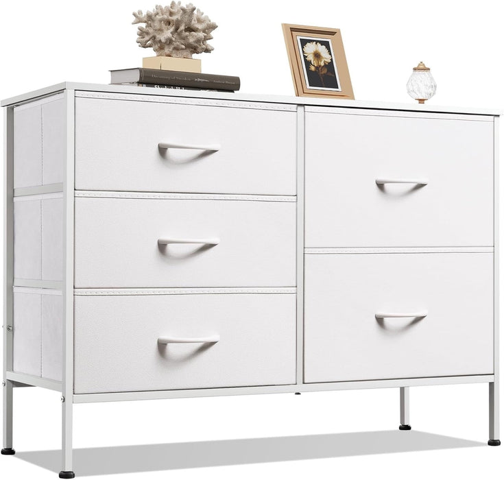 Bigleap 5-Drawer Fabric Dresser, Wide Storage Organizer Dresser for Bedroom, Living Room & Closet,White