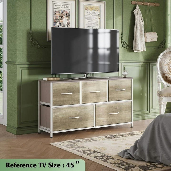 Betcozy 5-Drawer Storage Dresser, Classic Bedroom Dresser for Clothes & Nursery Organization, Stable Metal Frame, Wooden Top, Smoked ash